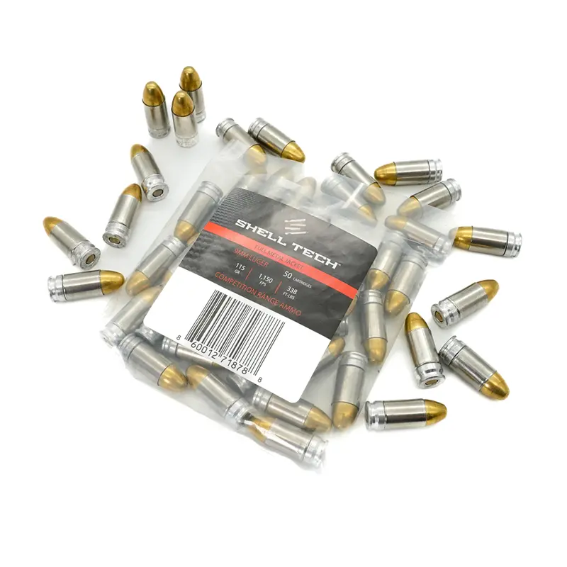Shell Tech 9mm Ammo FMJ - Bag of 50 sprawled out for a day on the range or ten bags of 50 for 500 9mm Ammo Bulk